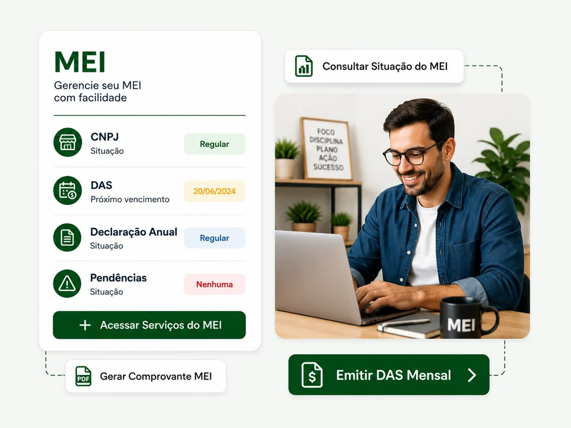 Painel de gerenciamento do MEI: CNPJ regular, DAS e declaração